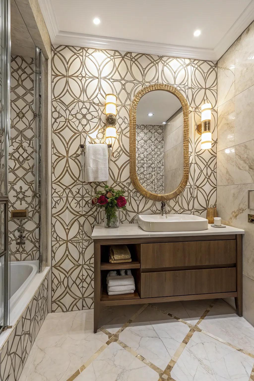 An attention-grabbing emphasis wall showcasing elaborate stone-style polished stoneware patterns.