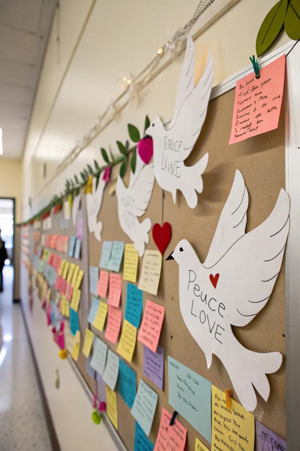 Peace doves with heartfelt messages adorn this MLK tribute board.
