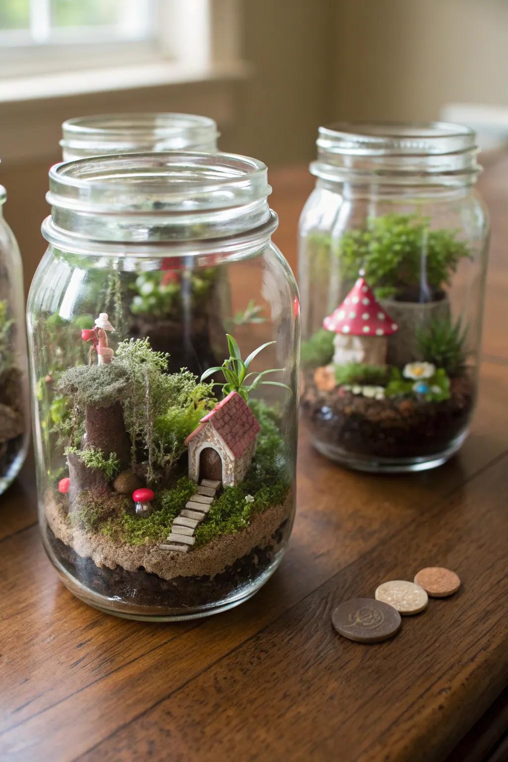 Make beautiful miniature landscapes with fairy gardens in glass preserving jars.