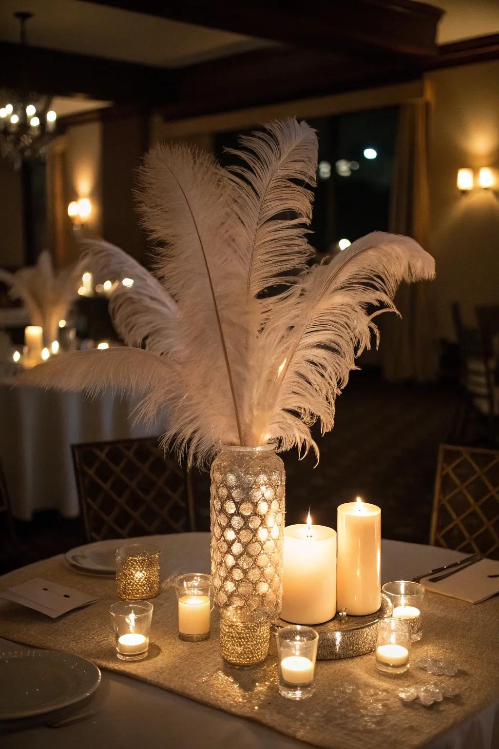 Dramatic centerpieces that emphasize the masquerade aesthetic.