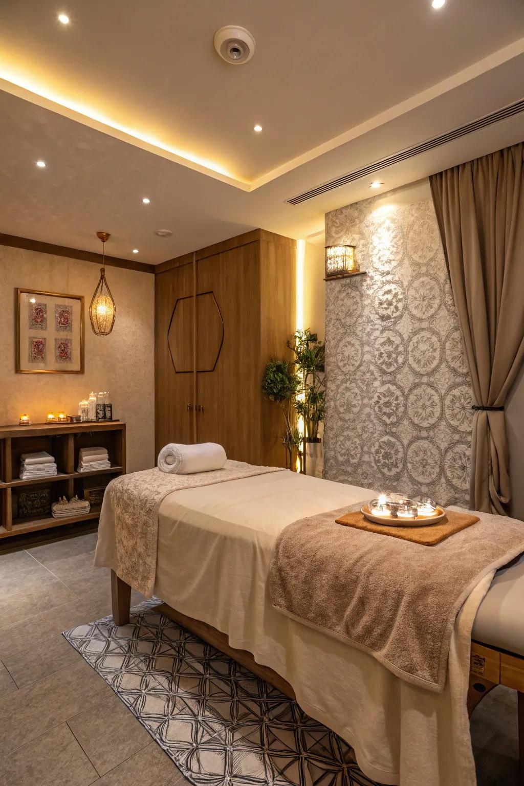 A massage room presenting an inviting massage platform with luxurious materials.