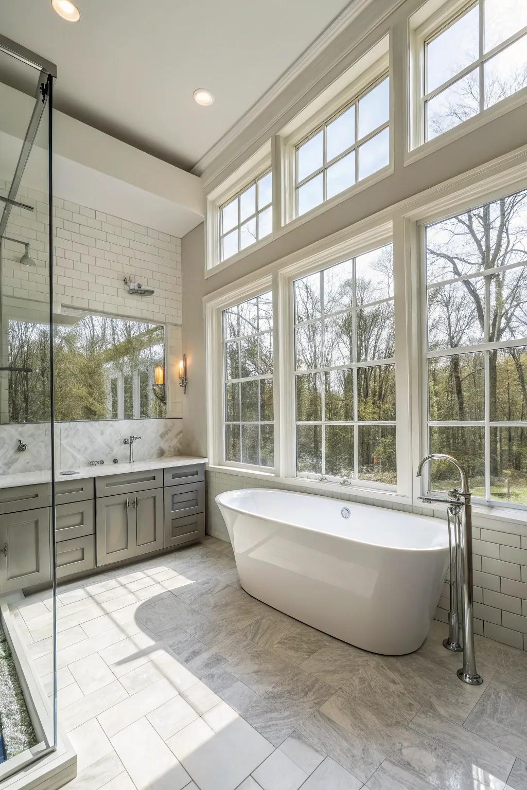 Sunlight bathes this master bathroom, fashioning a radiant and inviting area.
