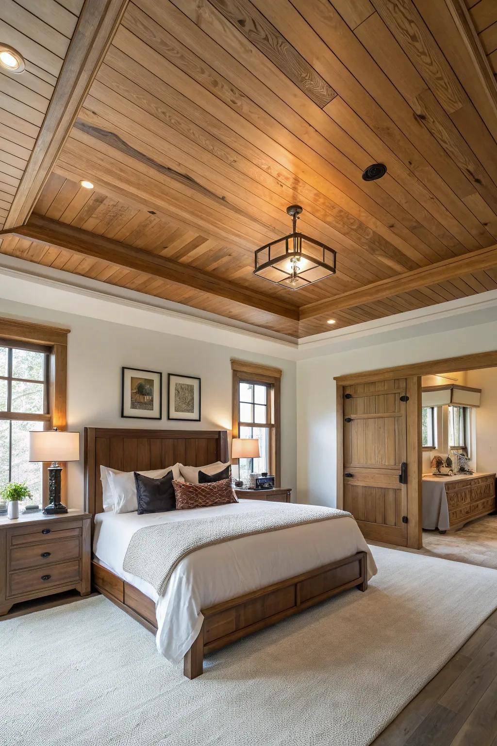 Timber panels imbue your stepped ceiling with cozy charm and a sense of warmth.