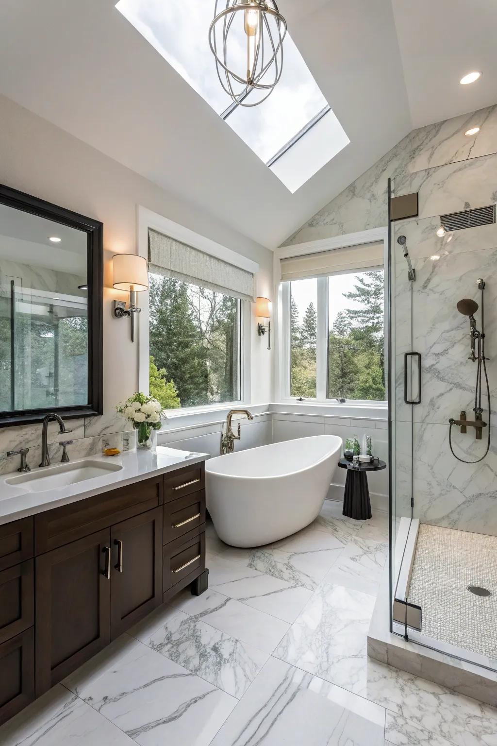 A freestanding tub offers a luxurious addition to your shower space.