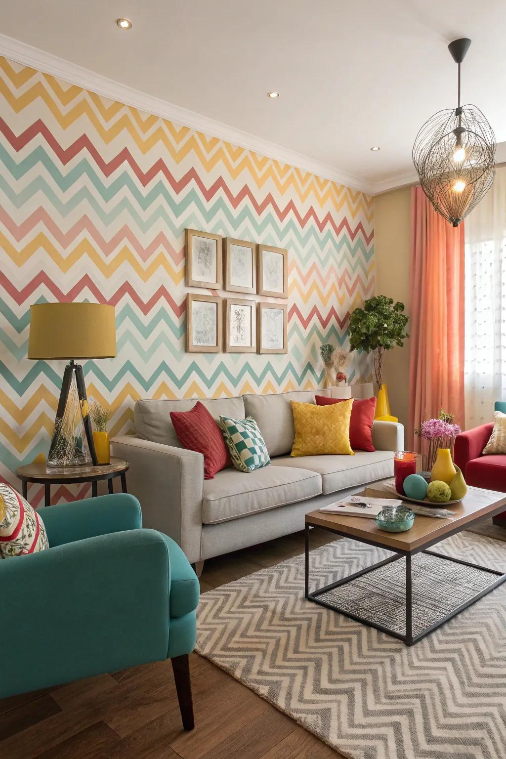 Chevron wallpaper injects dynamic energy into a modern living room.