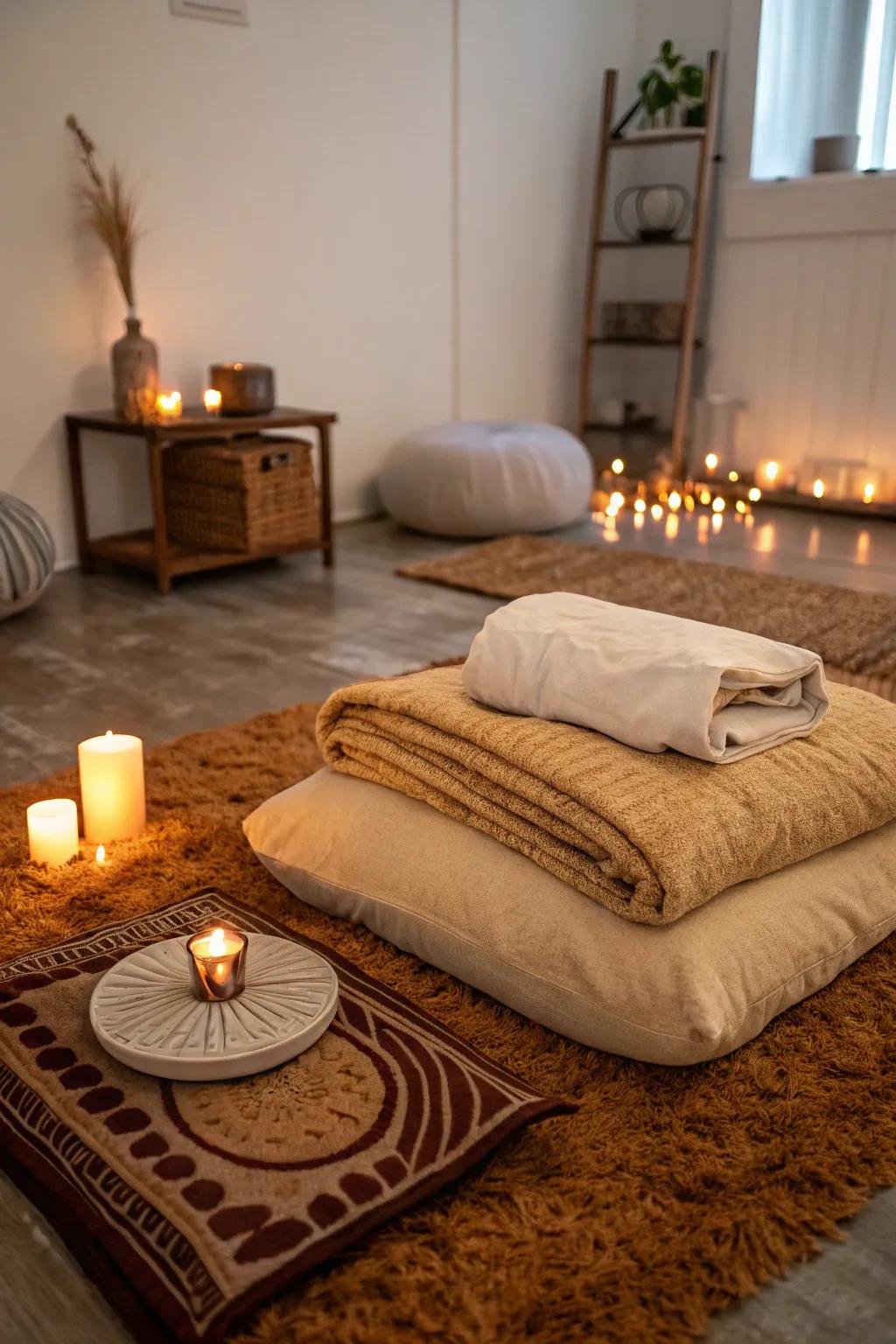 A plush rug and wrap render your meditation corner welcoming and pleasant.