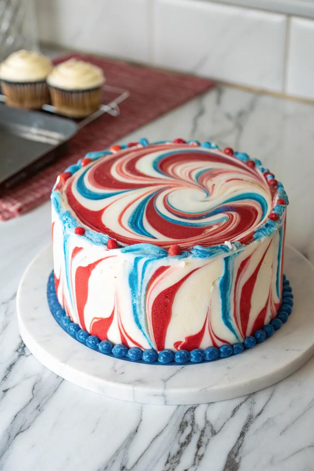 Swirling patterns of patriotic colors make this cake a visual treat.