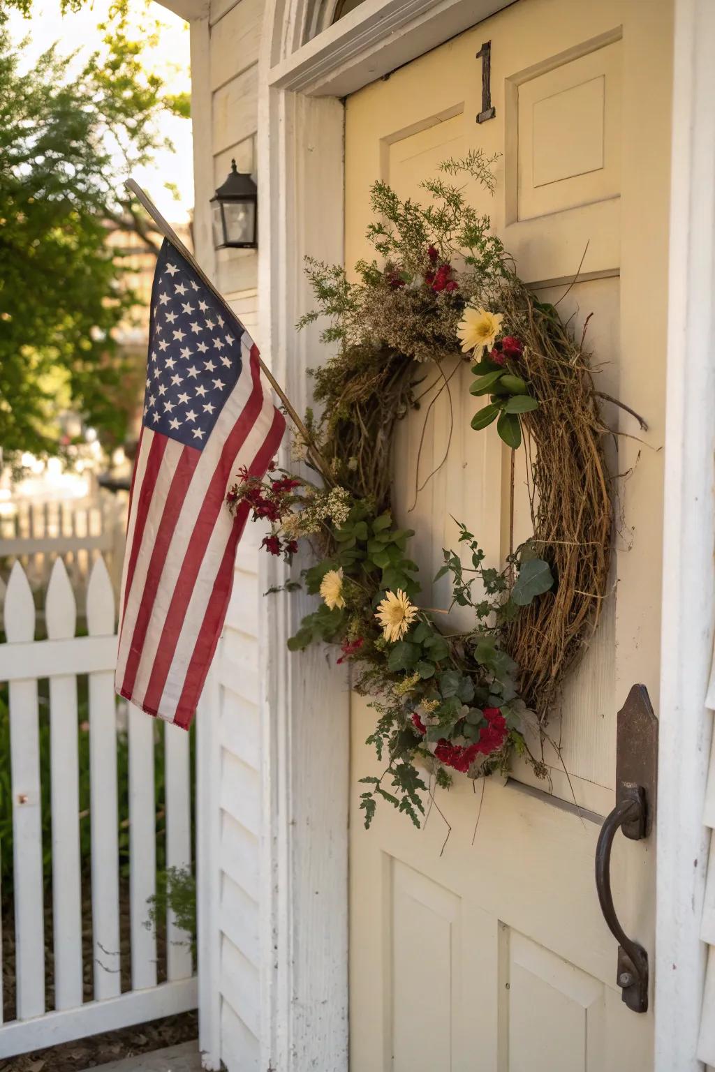 A vintage-inspired wreath showcasing an old American banner.