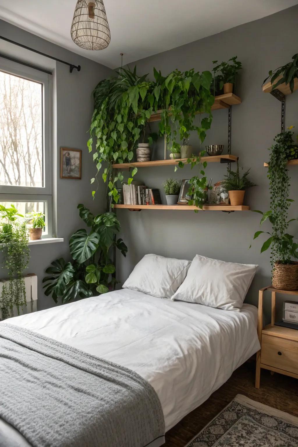 Plant life imparts a revitalizing impact to the sleek grey bedroom.