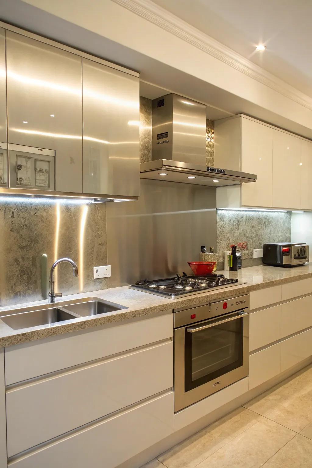 A kitchen exhibiting a smooth mirrored metal board backsplash.