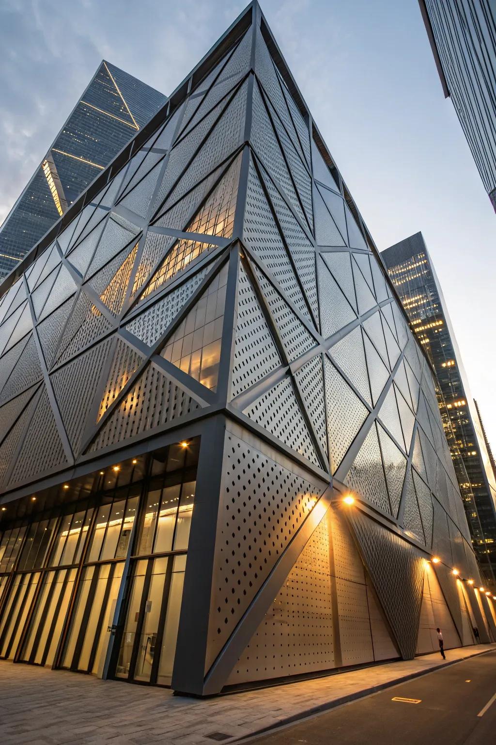 Geometric forms introduce drama and dynamism to this metal facade.