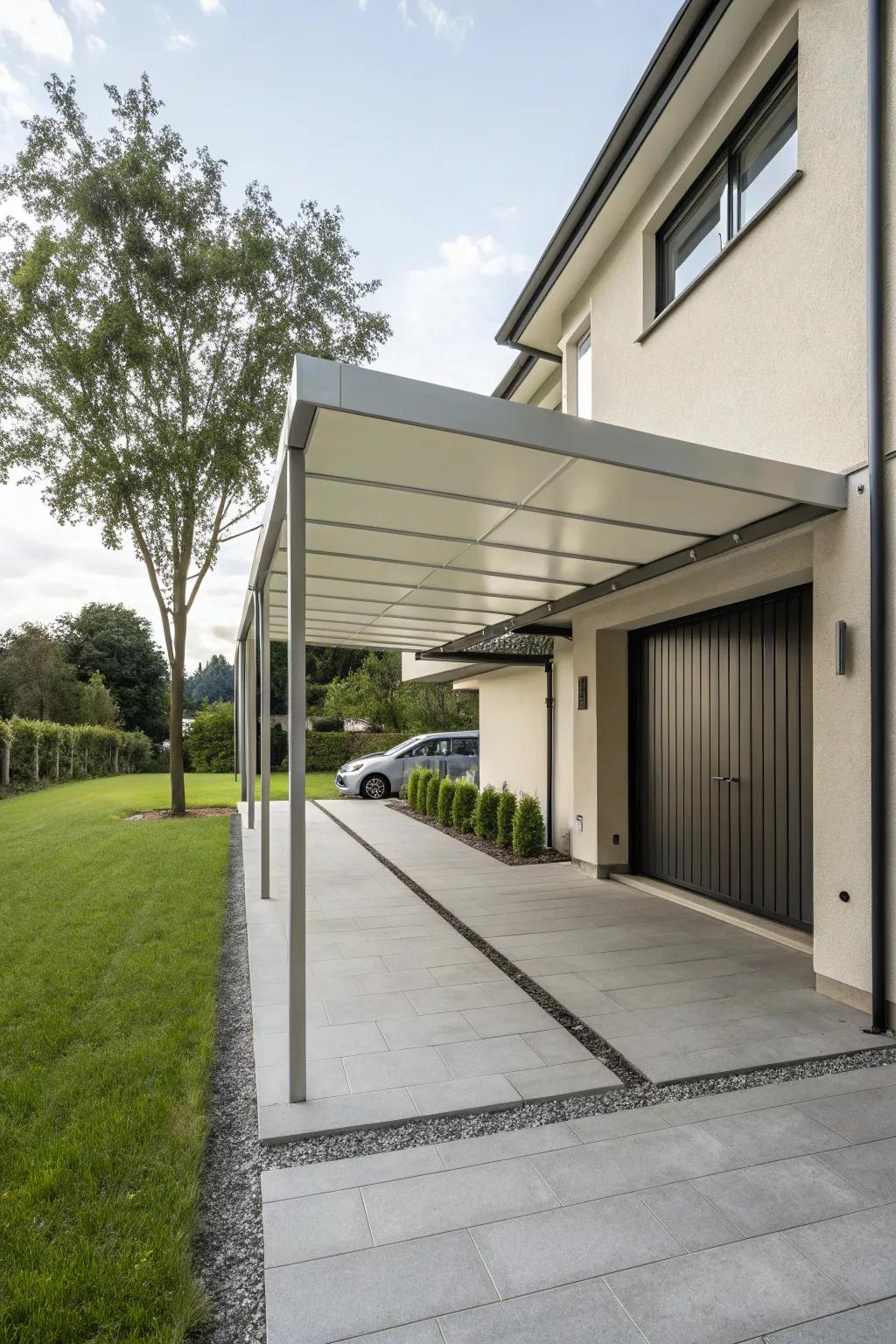 A minimalist carport blends harmoniously with modern architectural styles.