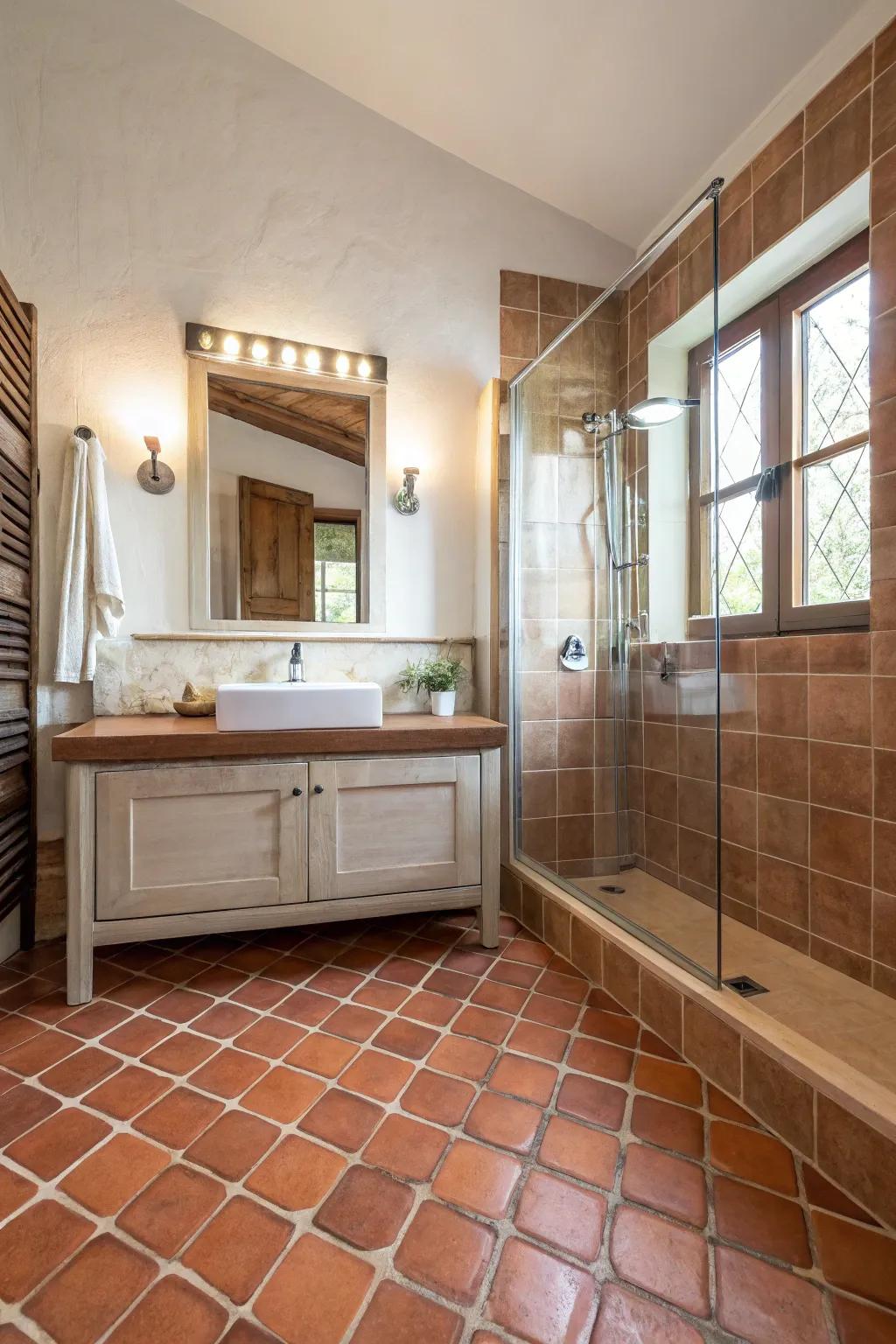 Fired clay ceramics bringing a rustic charm to the floor.