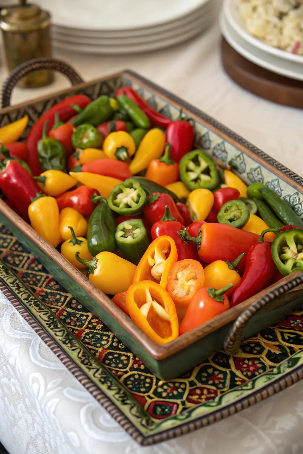 A rainbow of peppers adds freshness and visual appeal.