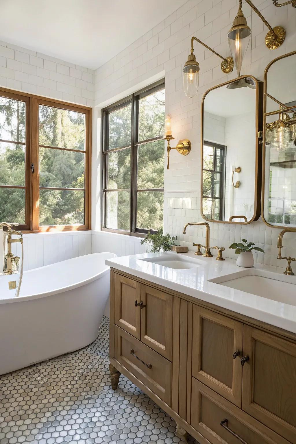 Brass fixtures add a sophisticated glow to the bathroom.