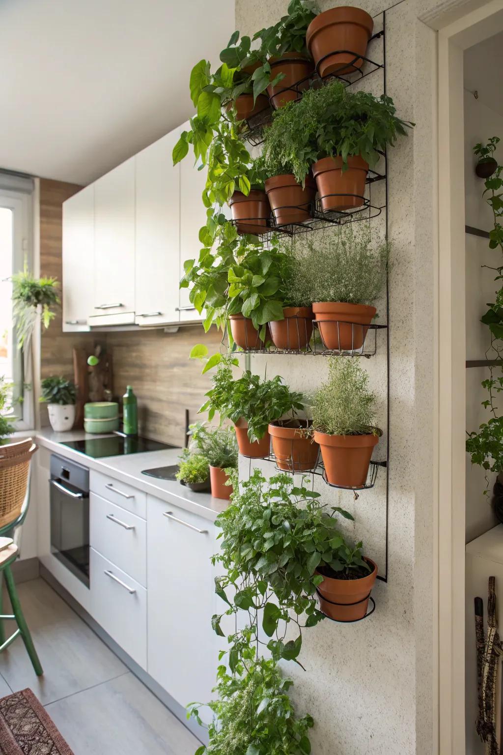 An efficient and beautiful vertical garden filled with cooking herbs.