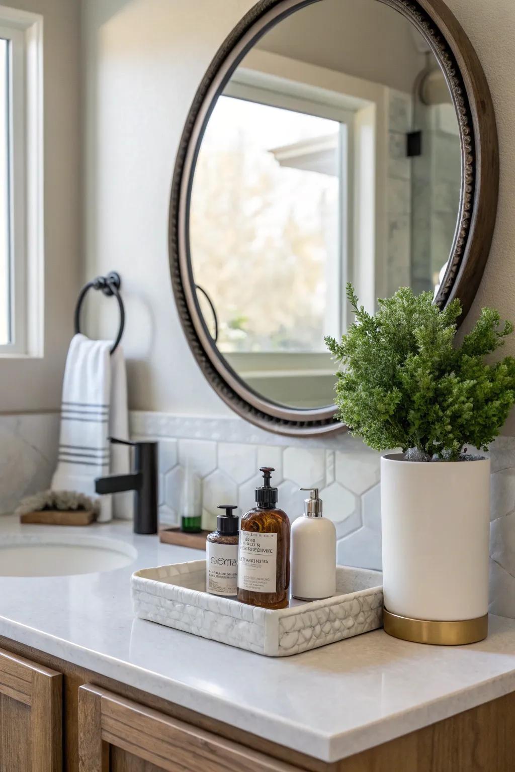 A circular reflector acts as a fashionable point of interest in the bathroom.