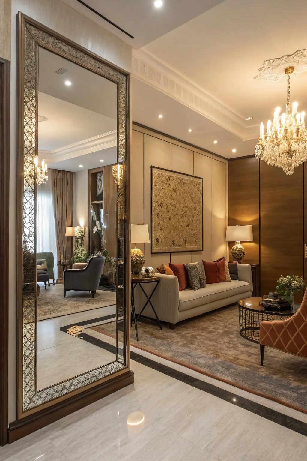 Floor-to-ceiling mirrors give the illusion of expansive space.