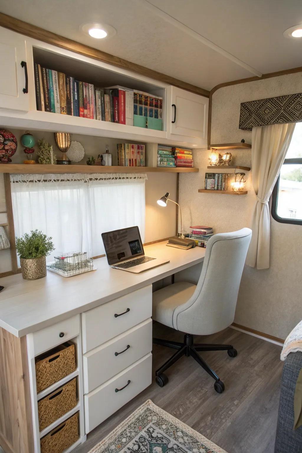 A small yet effective home office design inside a mobile home.