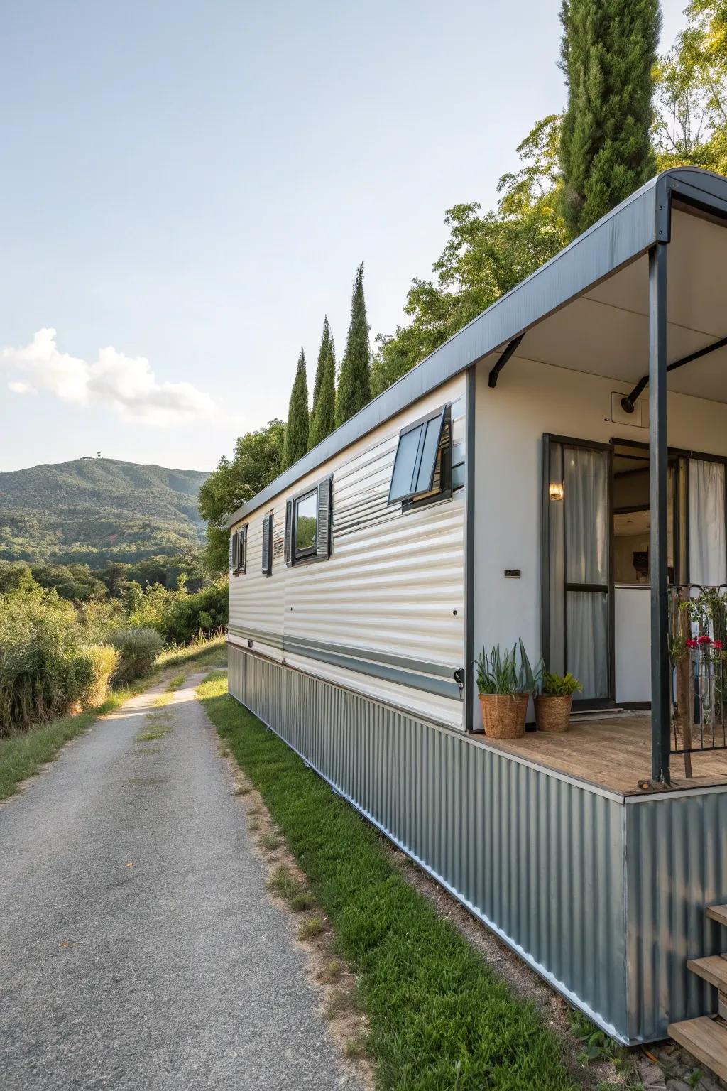 Steel base bestows a polished, industrial vibe to a mobile dwelling.
