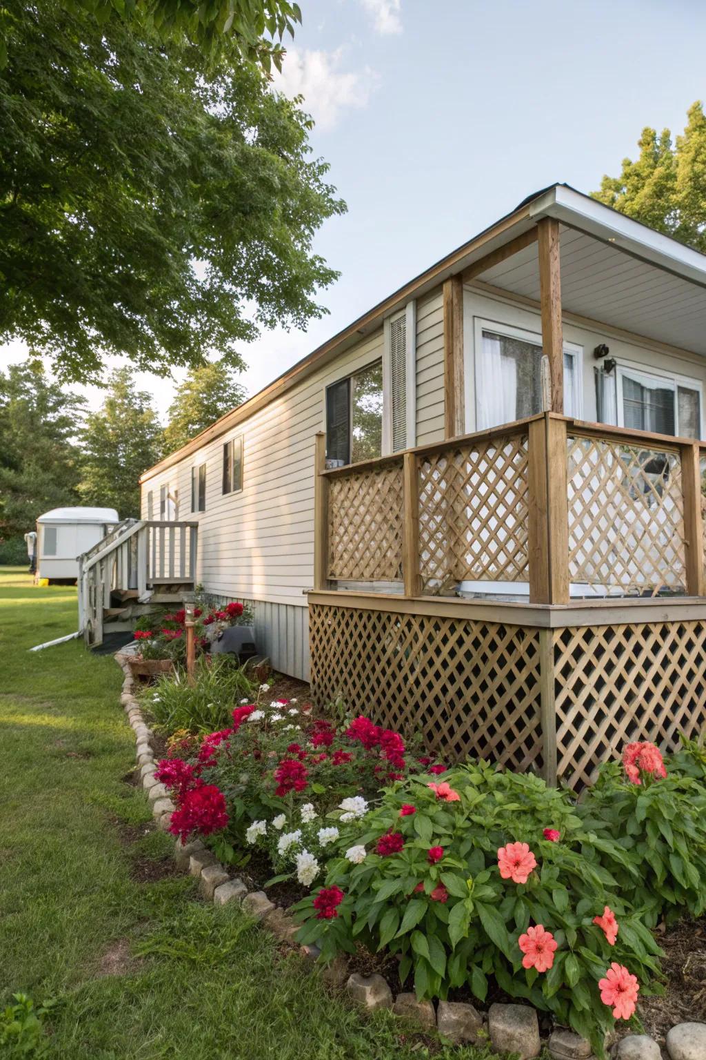 Lattice-style wood skirting merges practical performance with a light, airy design.
