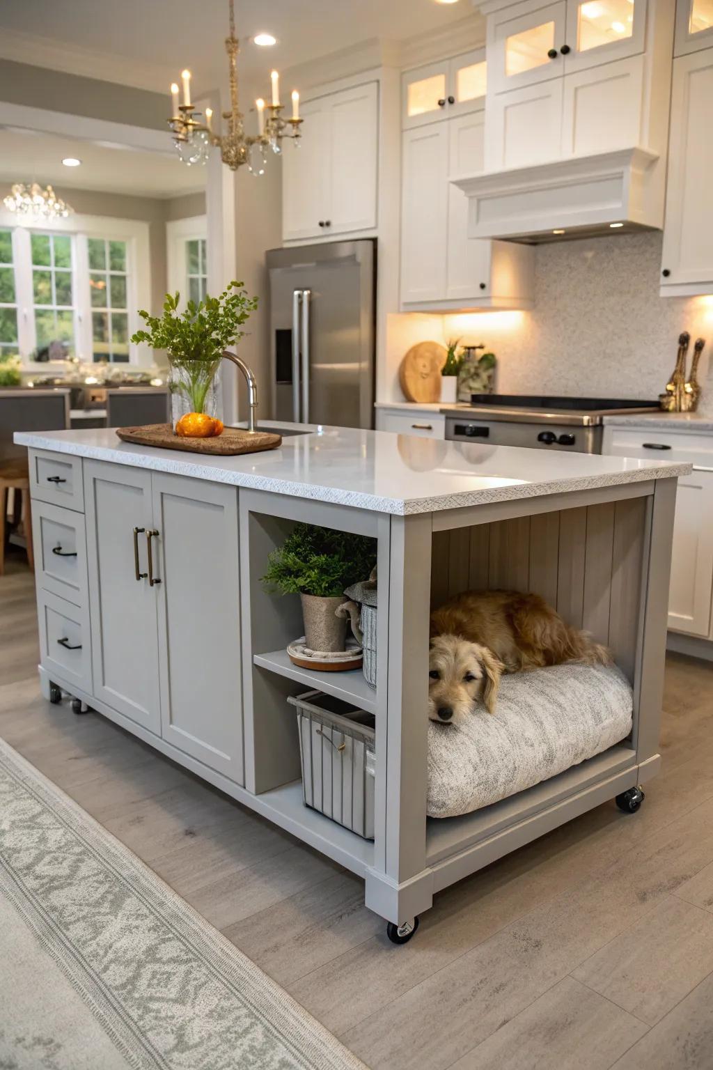 A cozy section dedicated to your pet within your kitchen island.