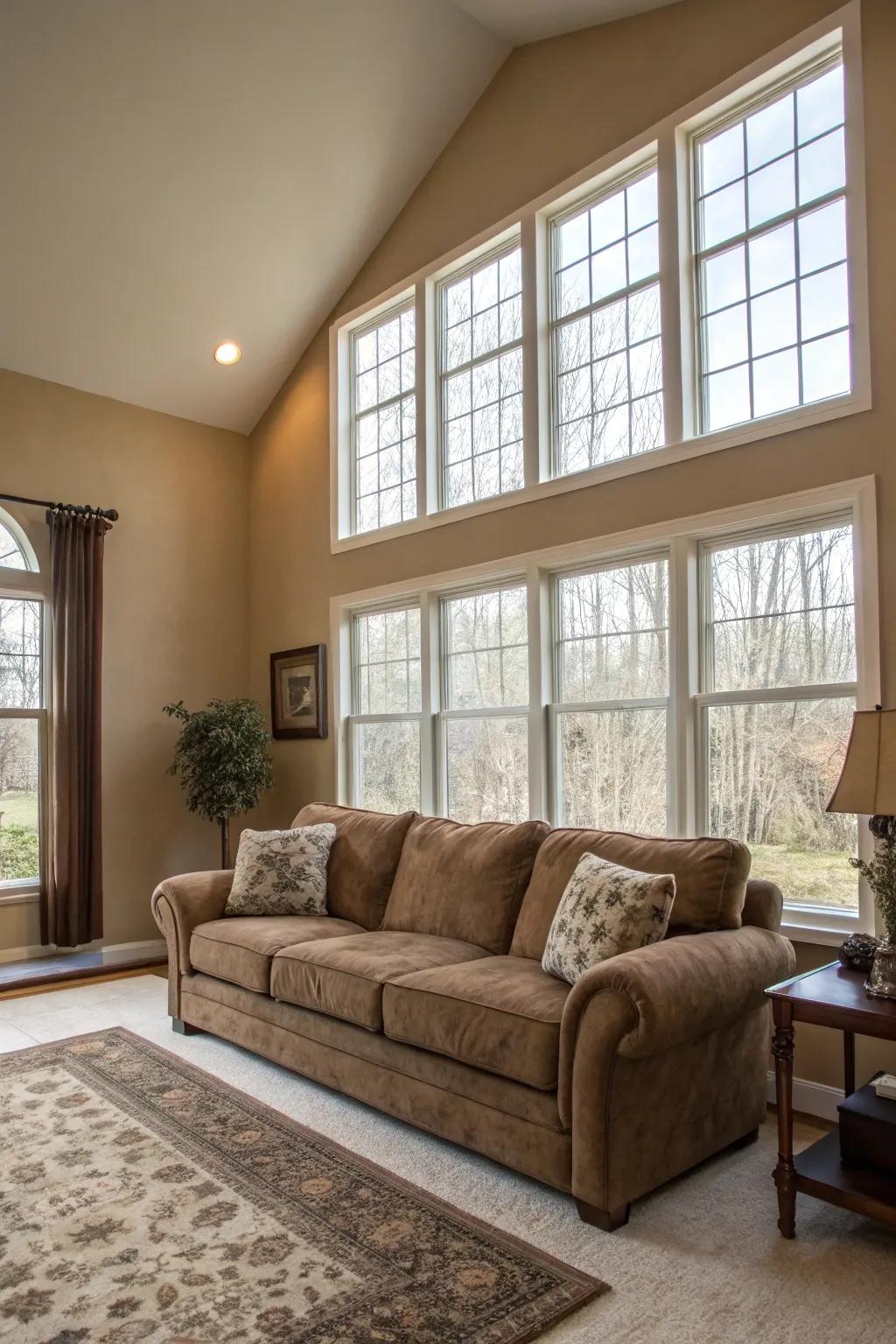 Natural light enhances the airy feel around the cacao sofa.
