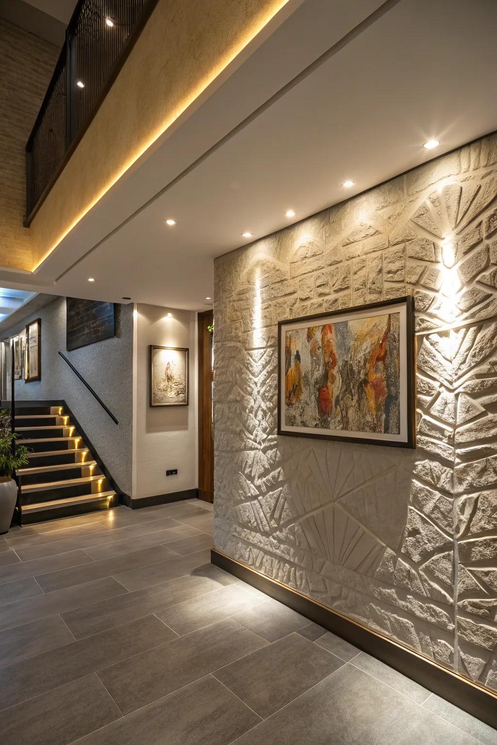 Highlight lighting brings out textures and art, adding richness to the lower level.