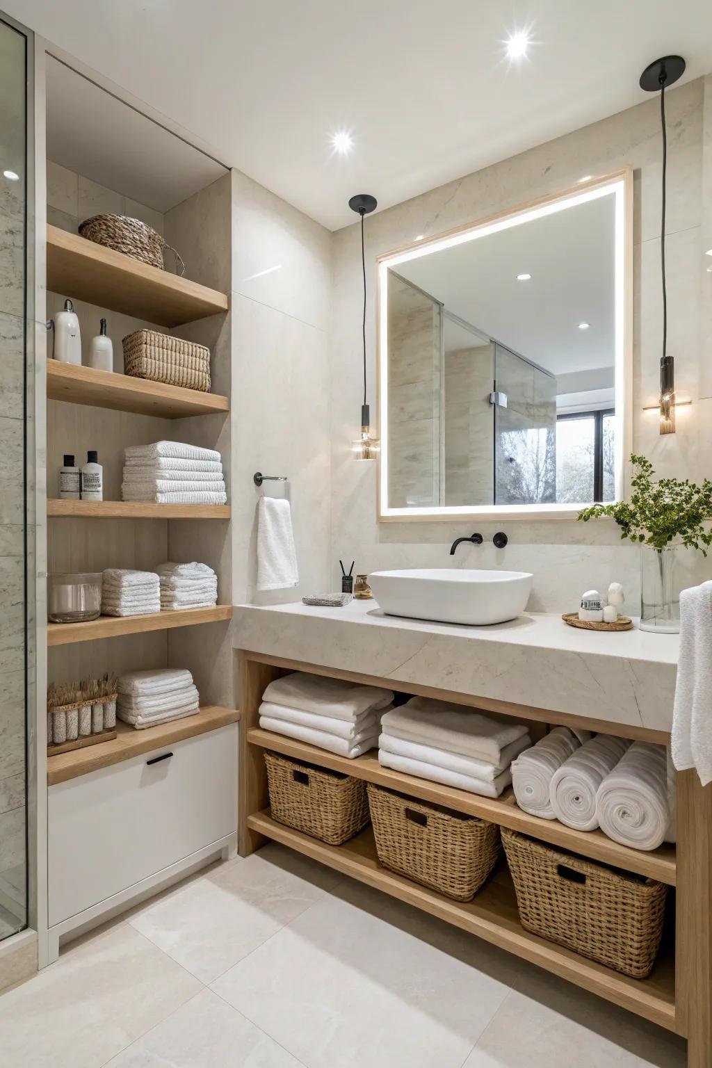 Uncovered shelving introduces accessibility and style to contemporary restroom areas.