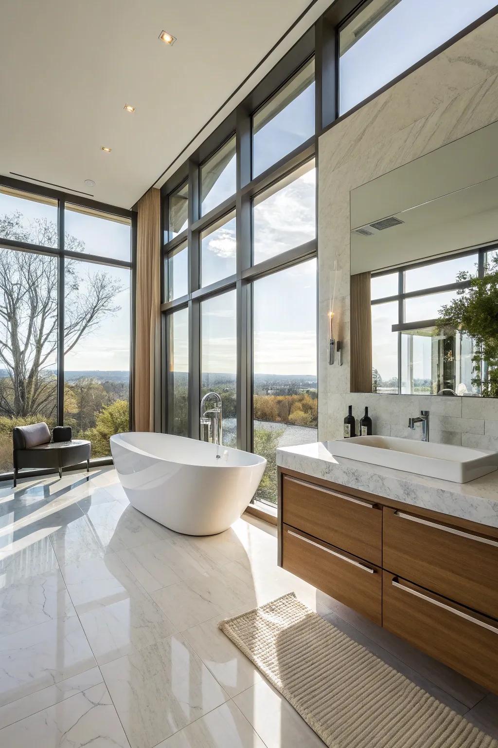 Natural light streams into the bathroom through wide windows.
