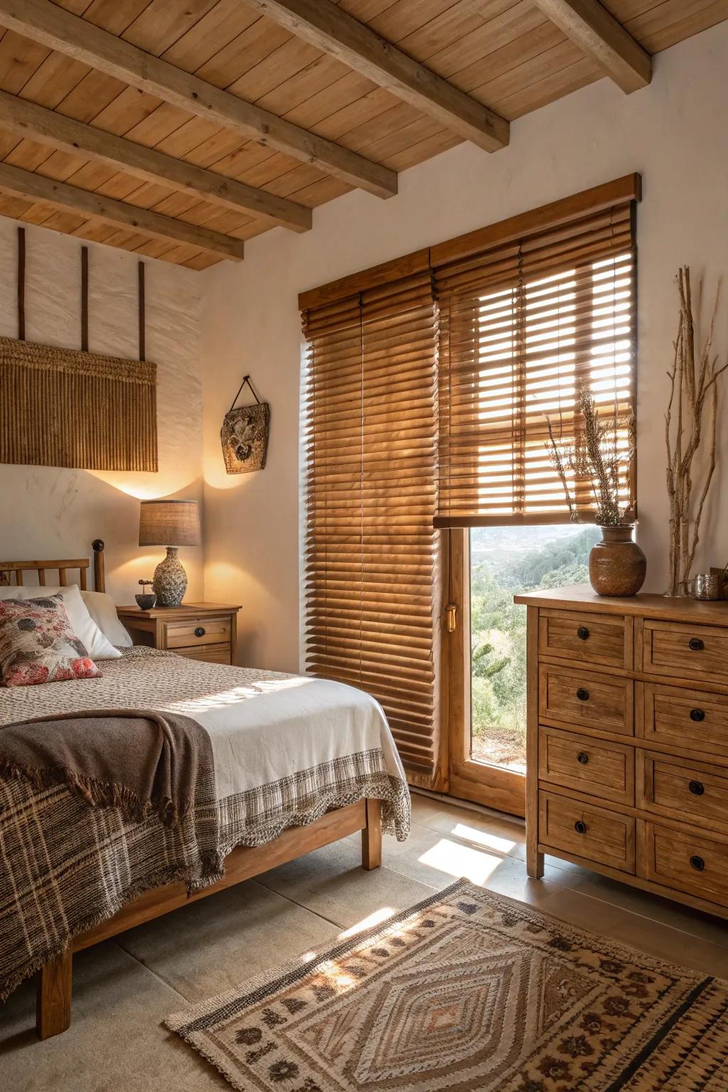 Warm natural wood blinds for cozy vibes