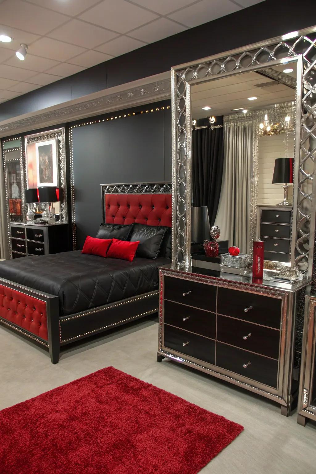 Reflective elements amplify depth and illumination.