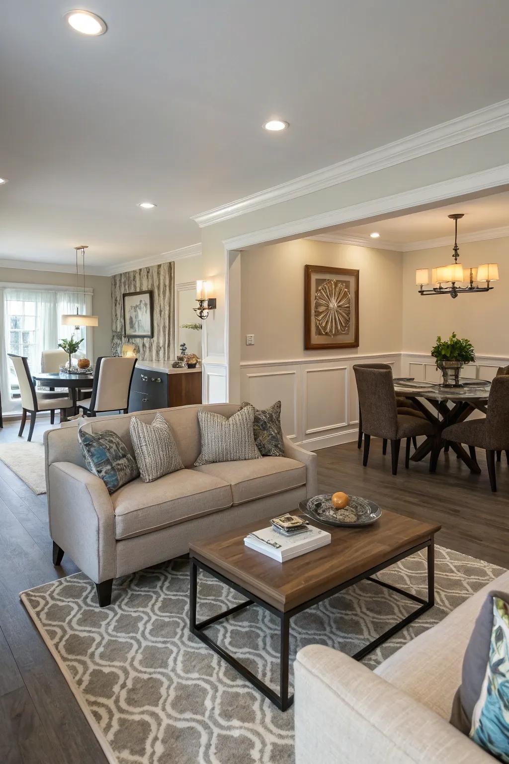 Defining spaces with wall trims in open-concept layouts.