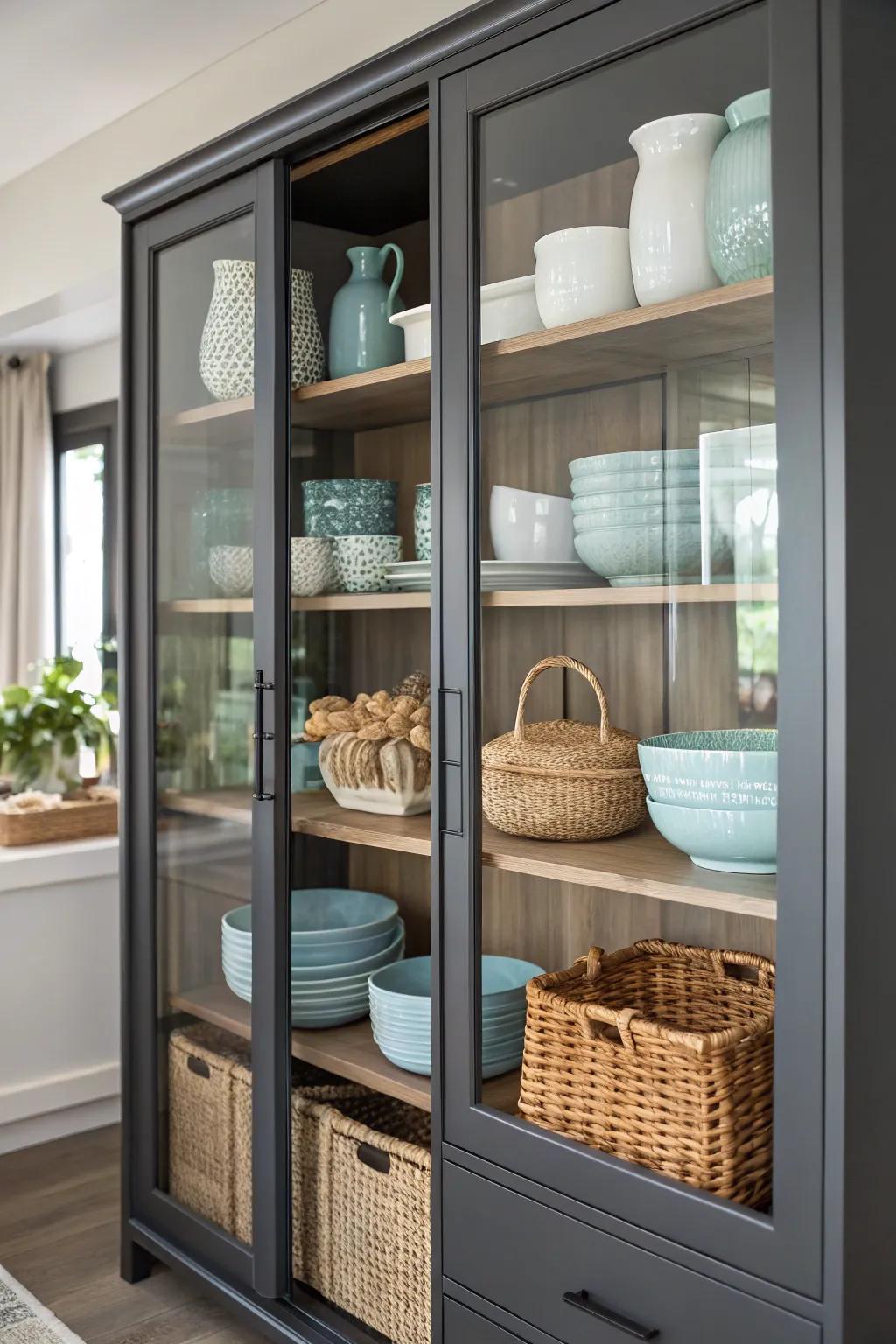 A tactile display with varied textures in a china cabinet.