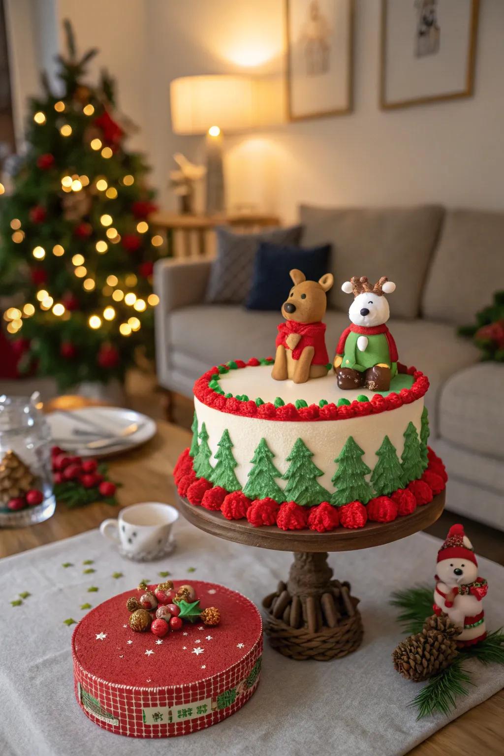 A yuletide cake featuring lively festive characters
