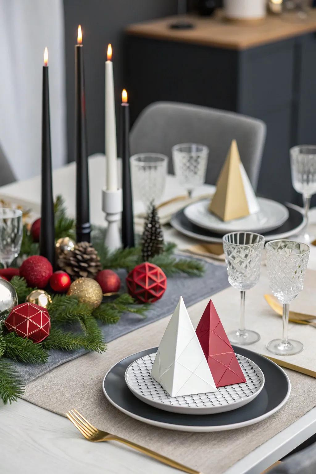 A modern table design with geometric ornaments and streamlined tableware.