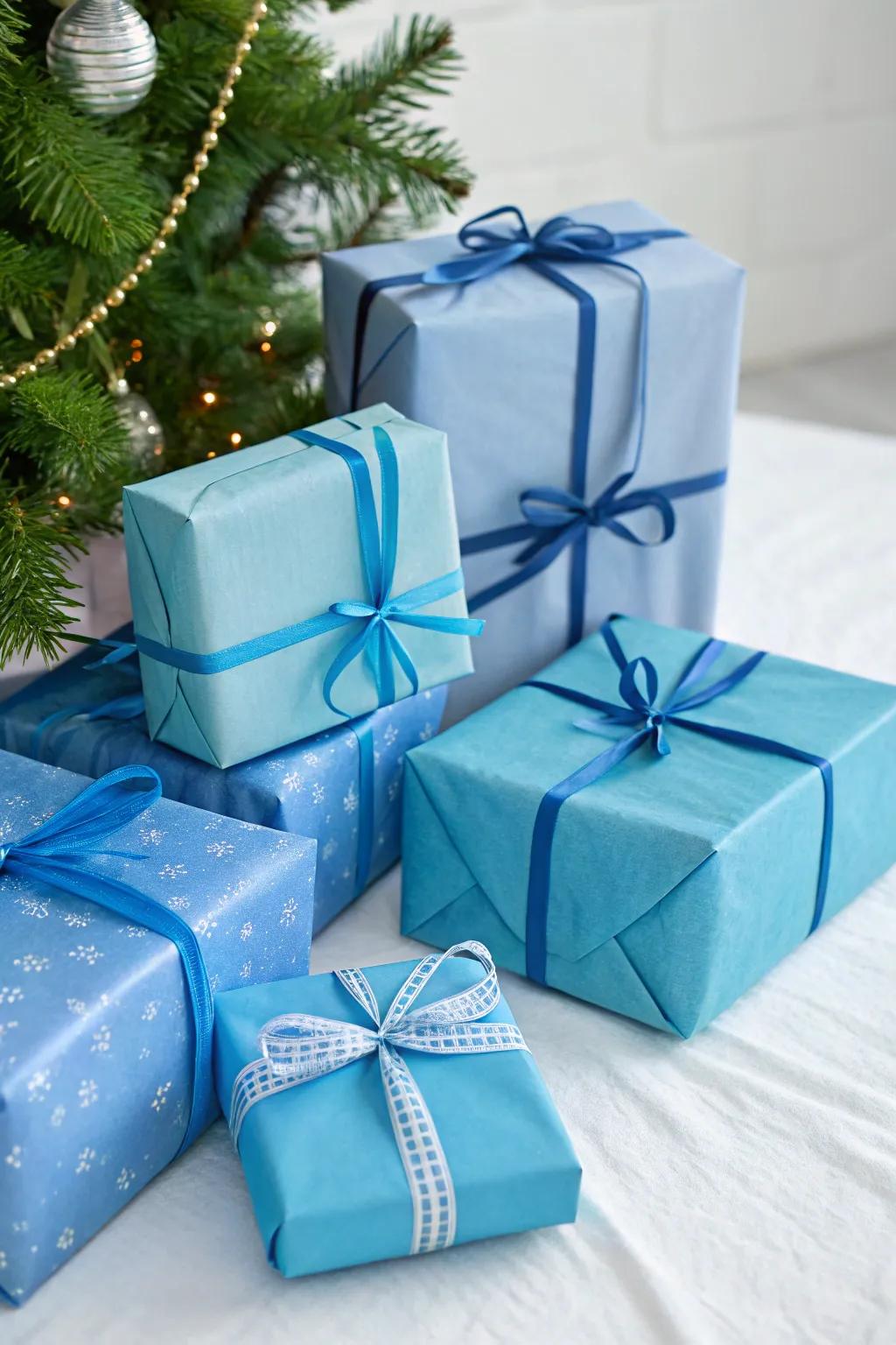 A selection of gifts wrapped in matching shades, showcasing a sleek and sophisticated design.