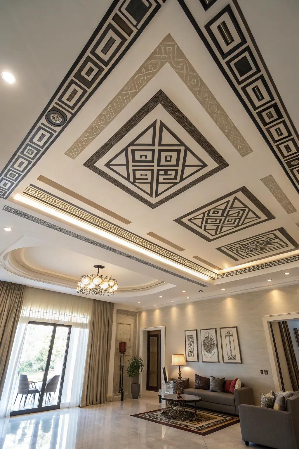 Geometrical configurations turn ceilings into expressive compositions.