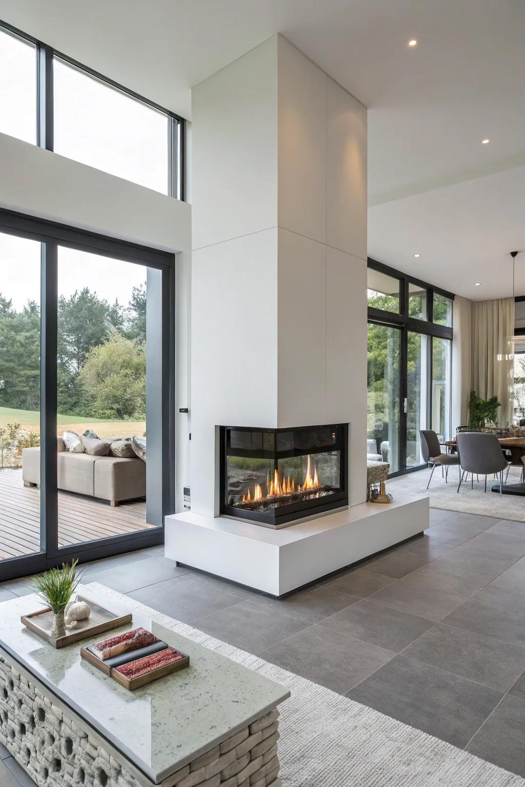 A double-sided electric fireplace divides an open-plan area in style.