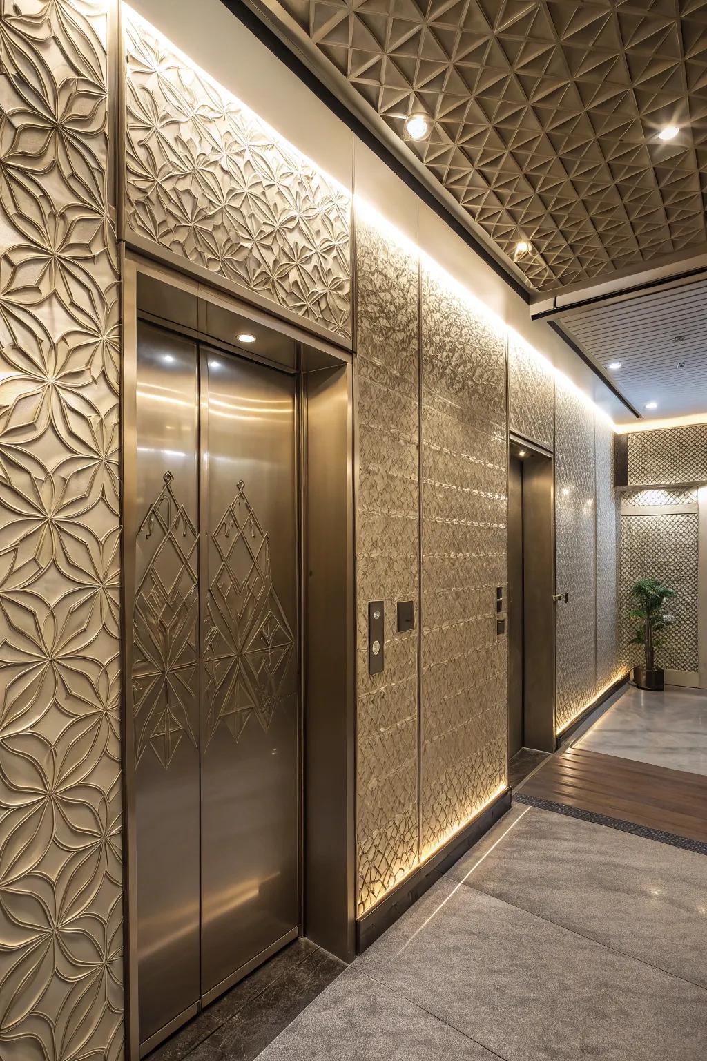 A lift interior decorated with 3D sculpted walls featuring geometric motifs for an artistic impression.