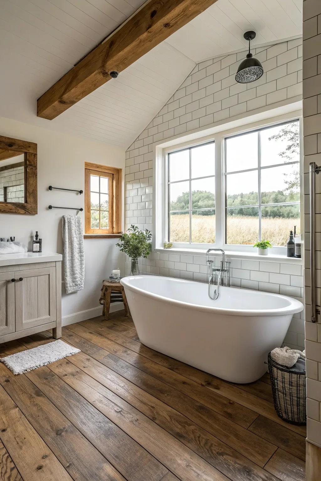 A standalone soaking tub functions as an elegant centerpiece.