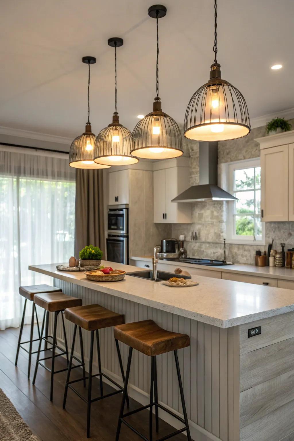 Neutral drop lights create a serene kitchen atmosphere.