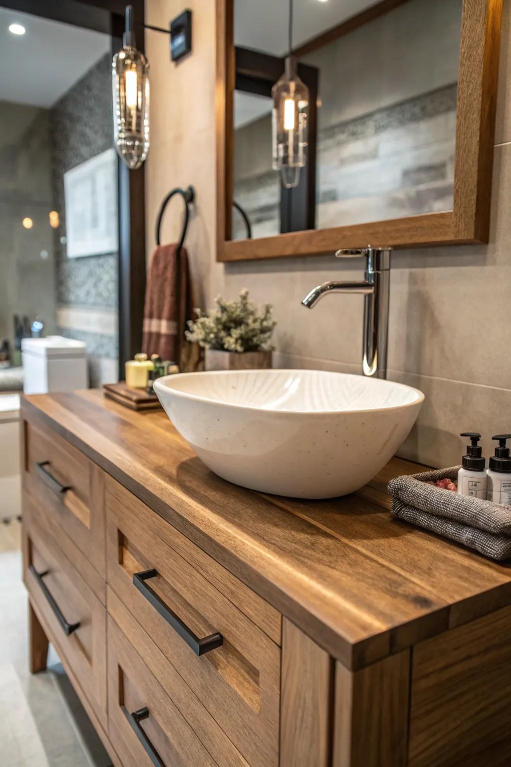 A sleek vessel sink in a powder room with wooden accents.