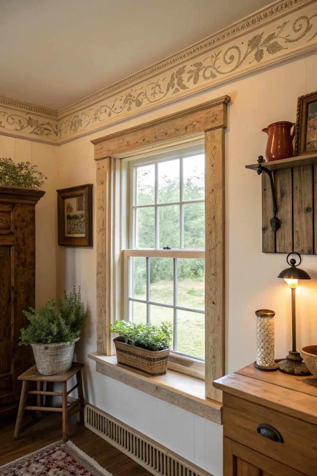 Ornamental elements on window trim enhancing character.