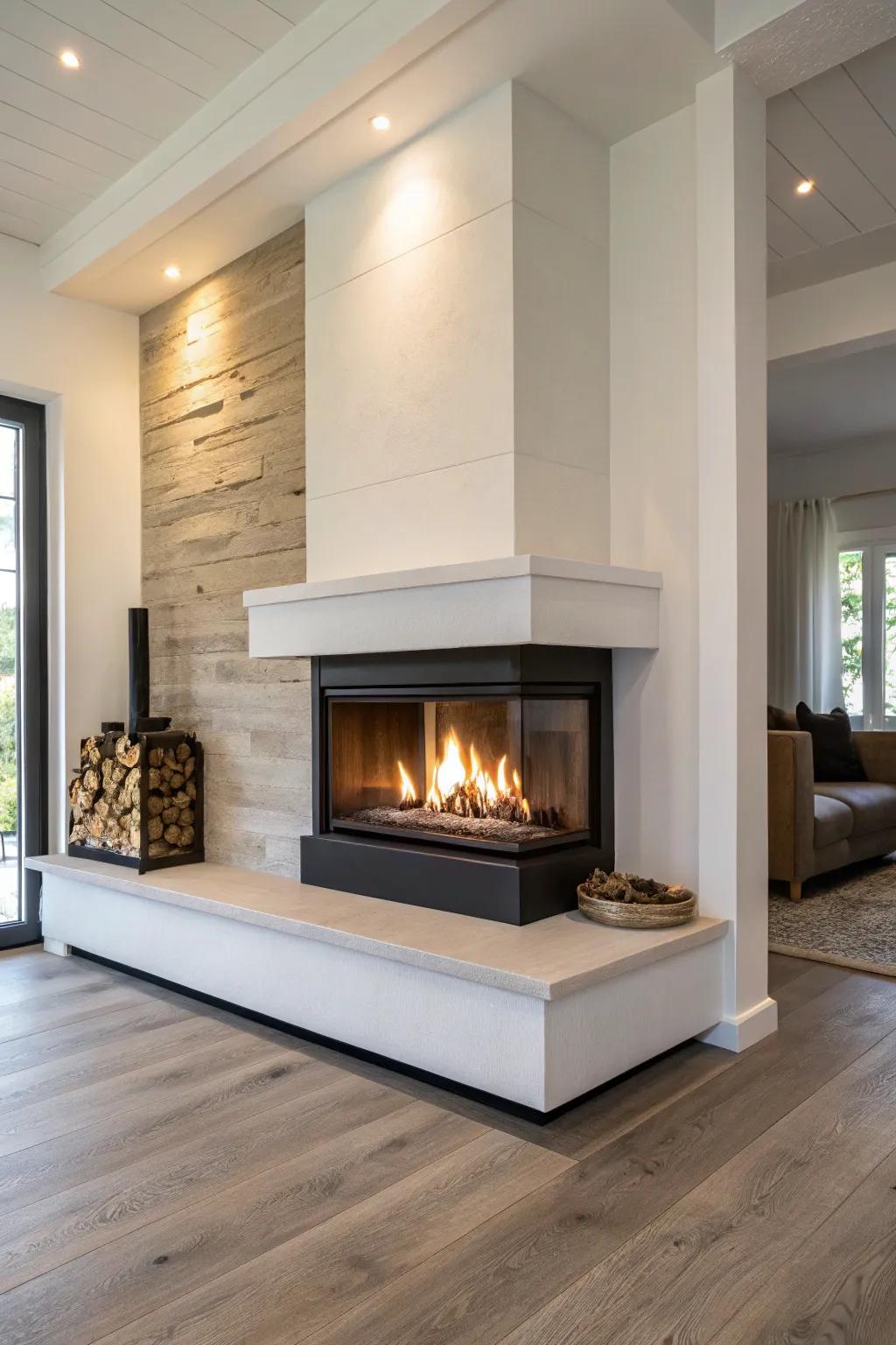 A fireplace featuring a floating hearth brings a modern sensibility to the room.