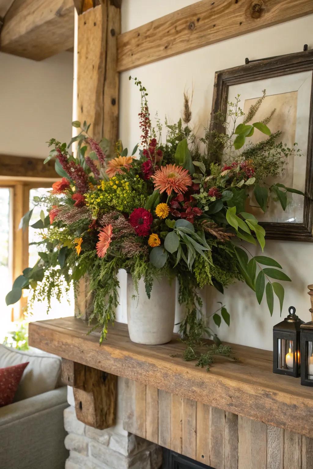 A flower arrangement enriched with natural elements that bolster textural qualities.