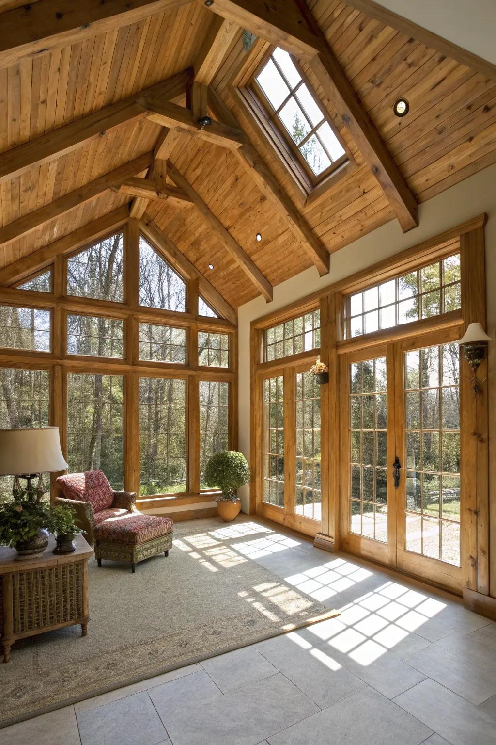 Arched ceilings with exposed supports lend character to this sunroom.