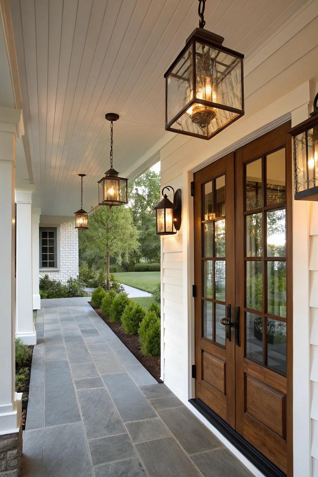 Stylish lighting enriches the ambiance of a modern porch.