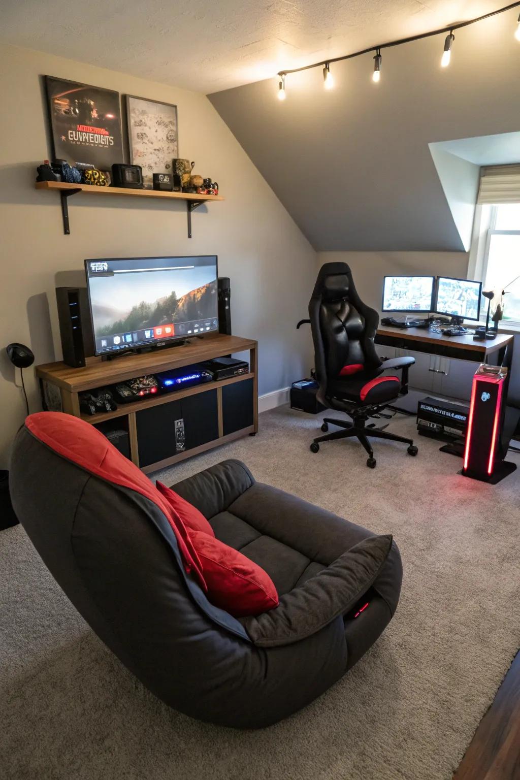 A gaming bedroom offering options for ergonomic seating.