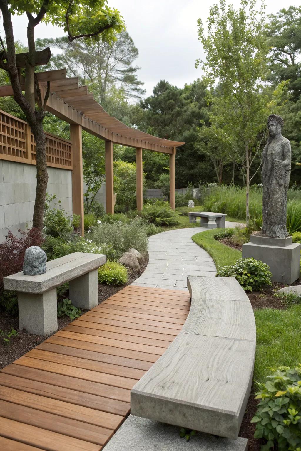 A mixture of materials introduces variety and texture to a modern garden.